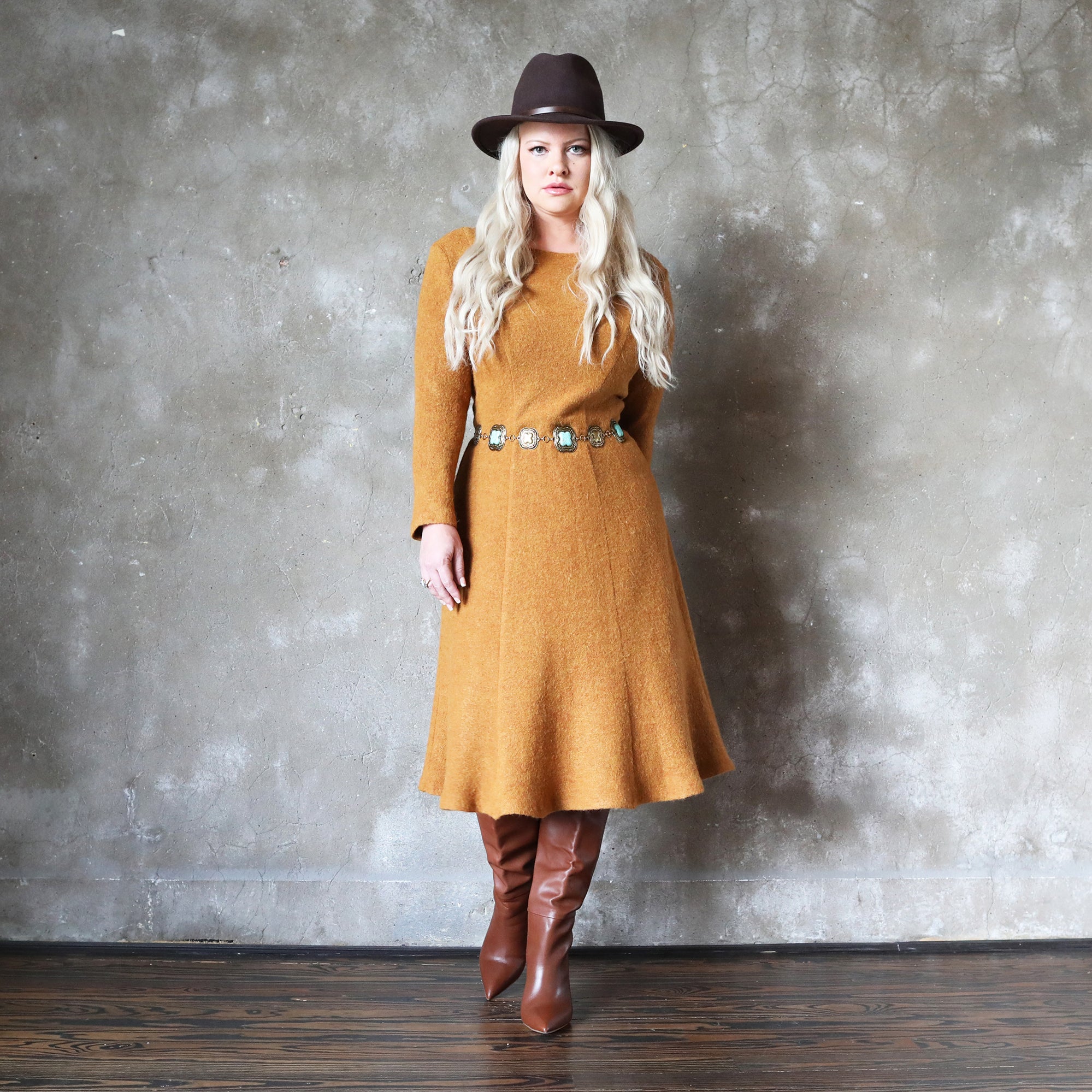 Wool Midi Flare Knit Dress - Camel Wool Midi Flare Knit Dress - Camel