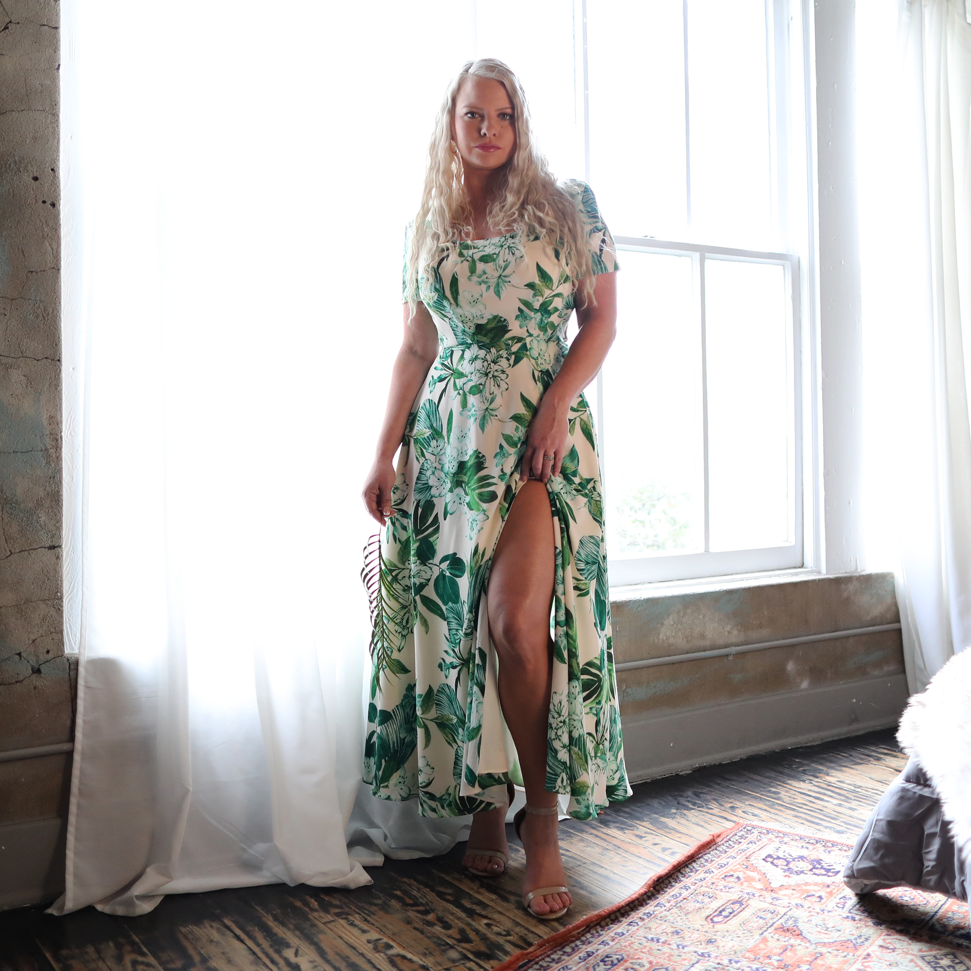 Tropical Maxi Dress with Slit - Cream Floral Print Green Street Designs LLC Tropical Maxi Dress with Slit - Cream Floral Print Green Street Designs LLC