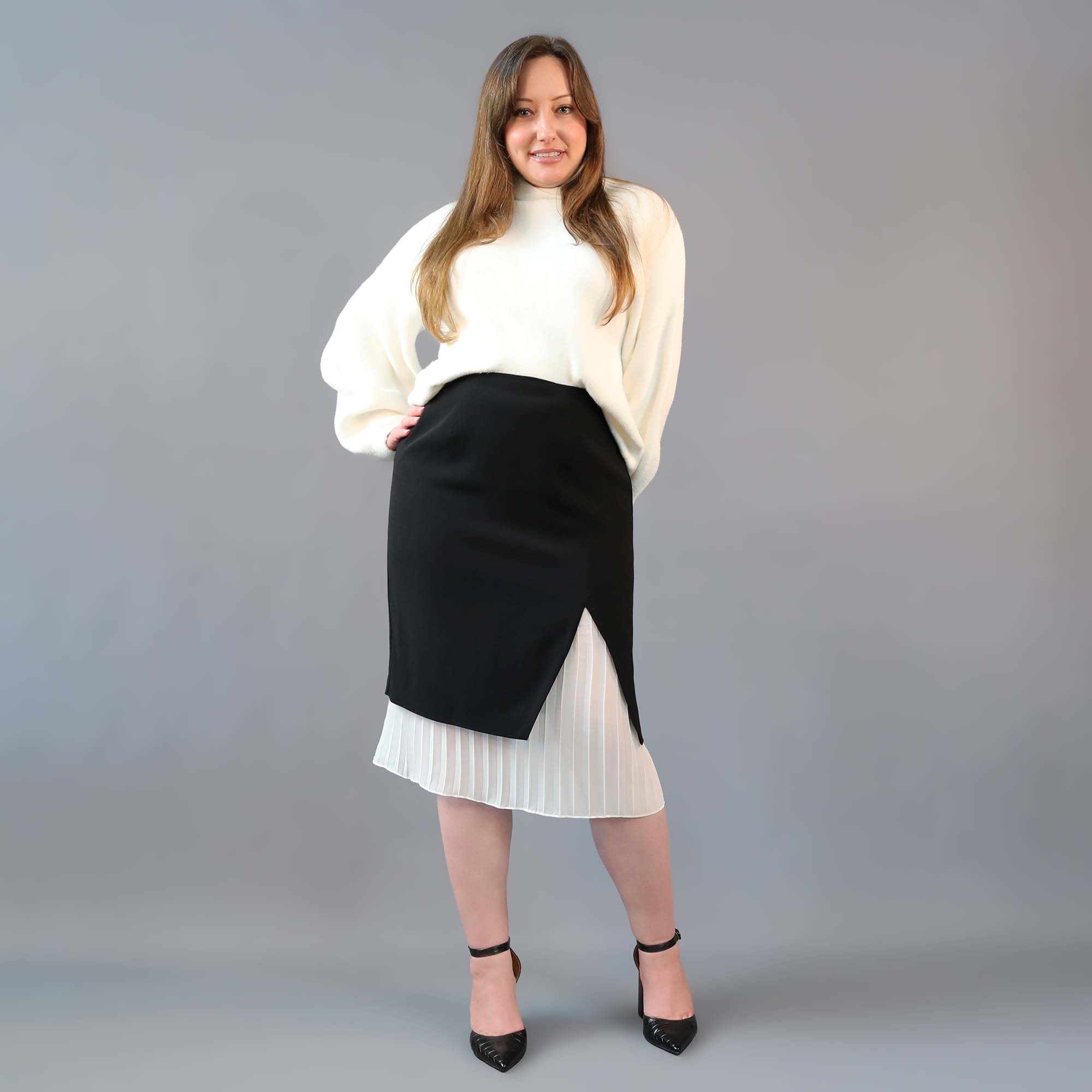 Side Slit Pencil Skirt with Pleated Underskirt - Black/Ivory