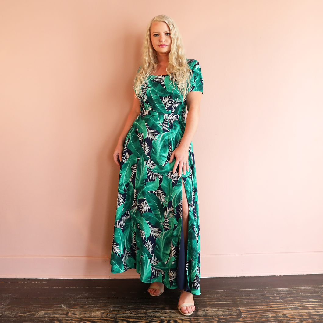 Tropical Maxi Dress with Slit - Jungle Print